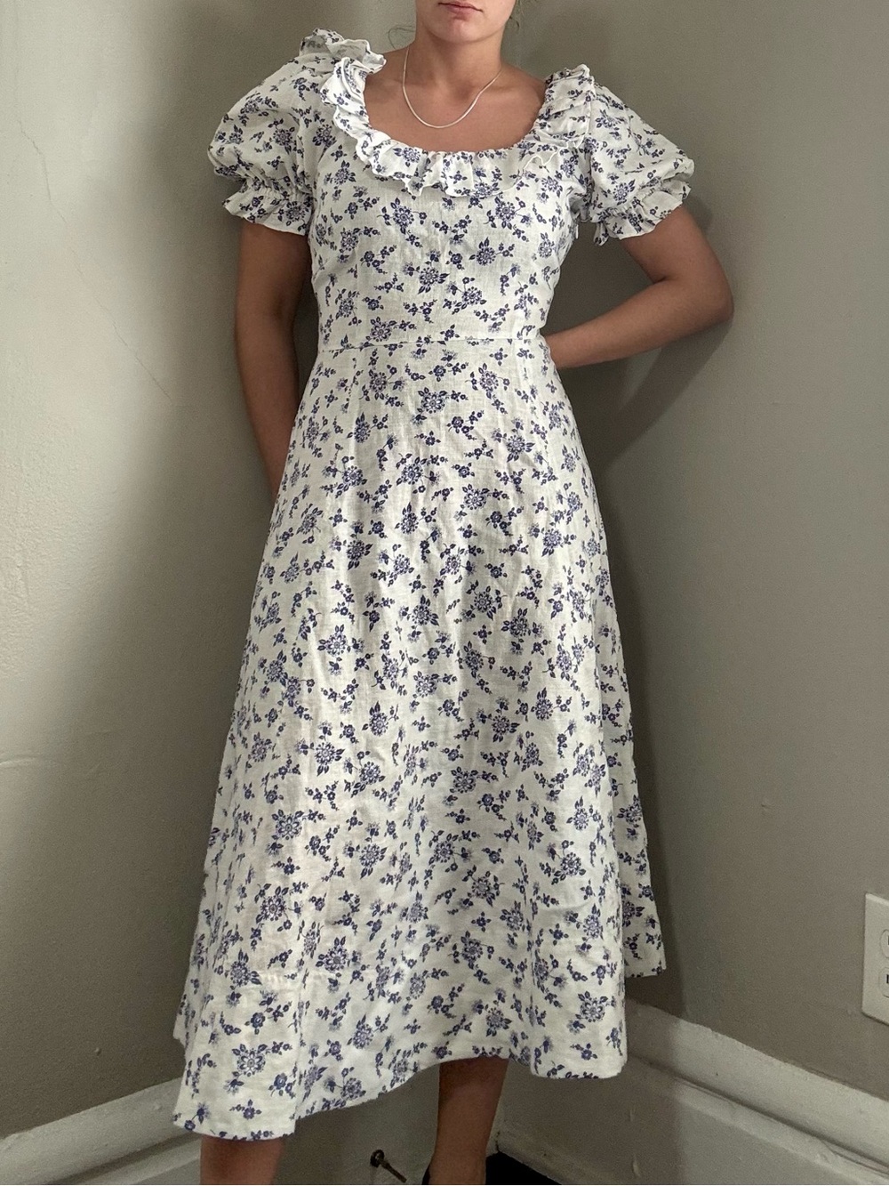 Polo by Ralph Lauren Cream Midi Dress with Blue Floral Print